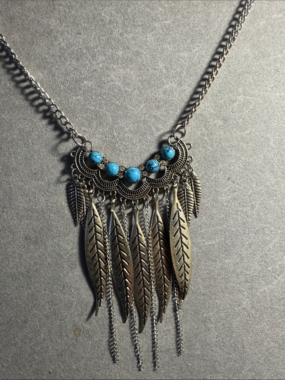 Hand Crafted Silver-Tone Fringe Necklace with Turquoise Beads 15”